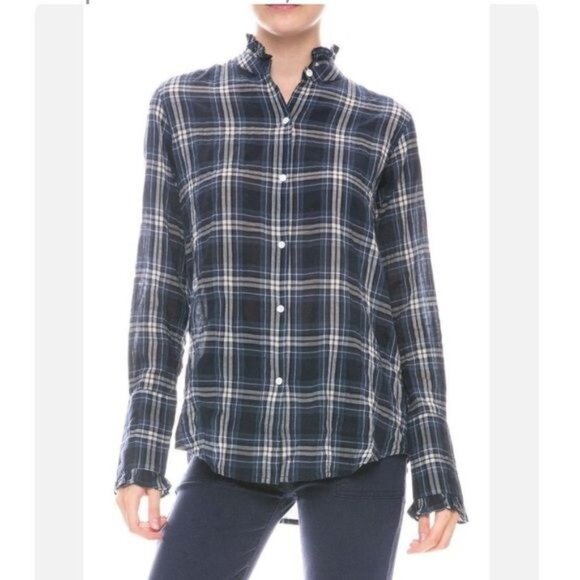 Nili Lotan Vivian Tribeca Design Shirt Navy White Plaid Ruffle Neck Medium - Picture 1 of 12